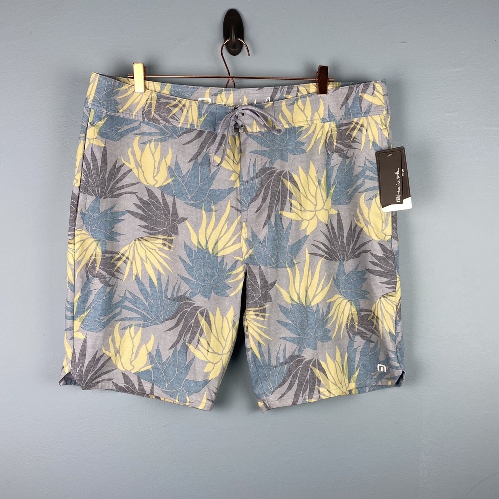 NEW Travis Mathew Outsourced Men's 40 Gray Yellow Floral Agave Board Shorts